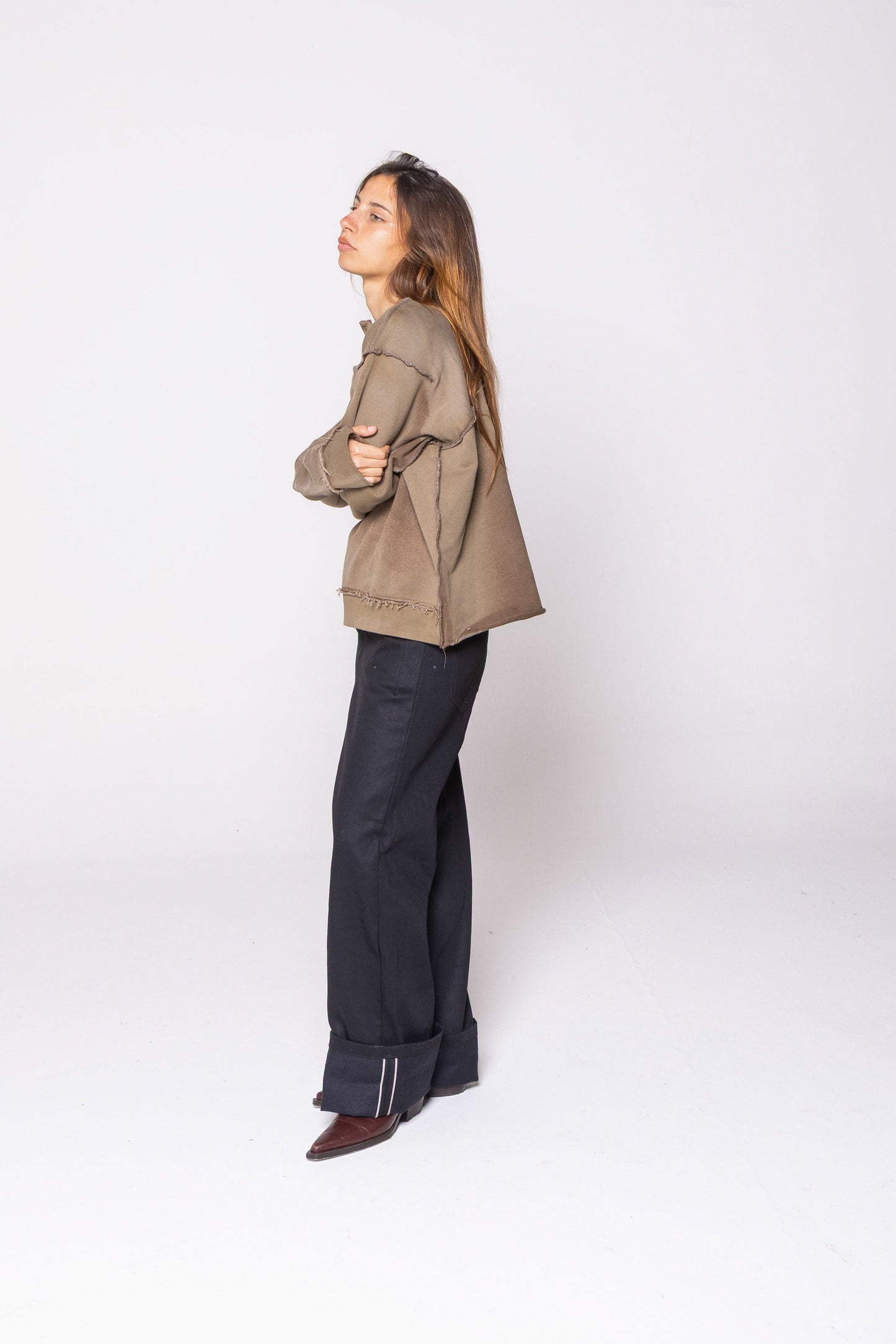 ASYMMETRIC BUTTON CHEST RAW CREWNECK