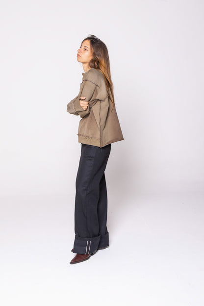 ASYMMETRIC BUTTON CHEST RAW CREWNECK