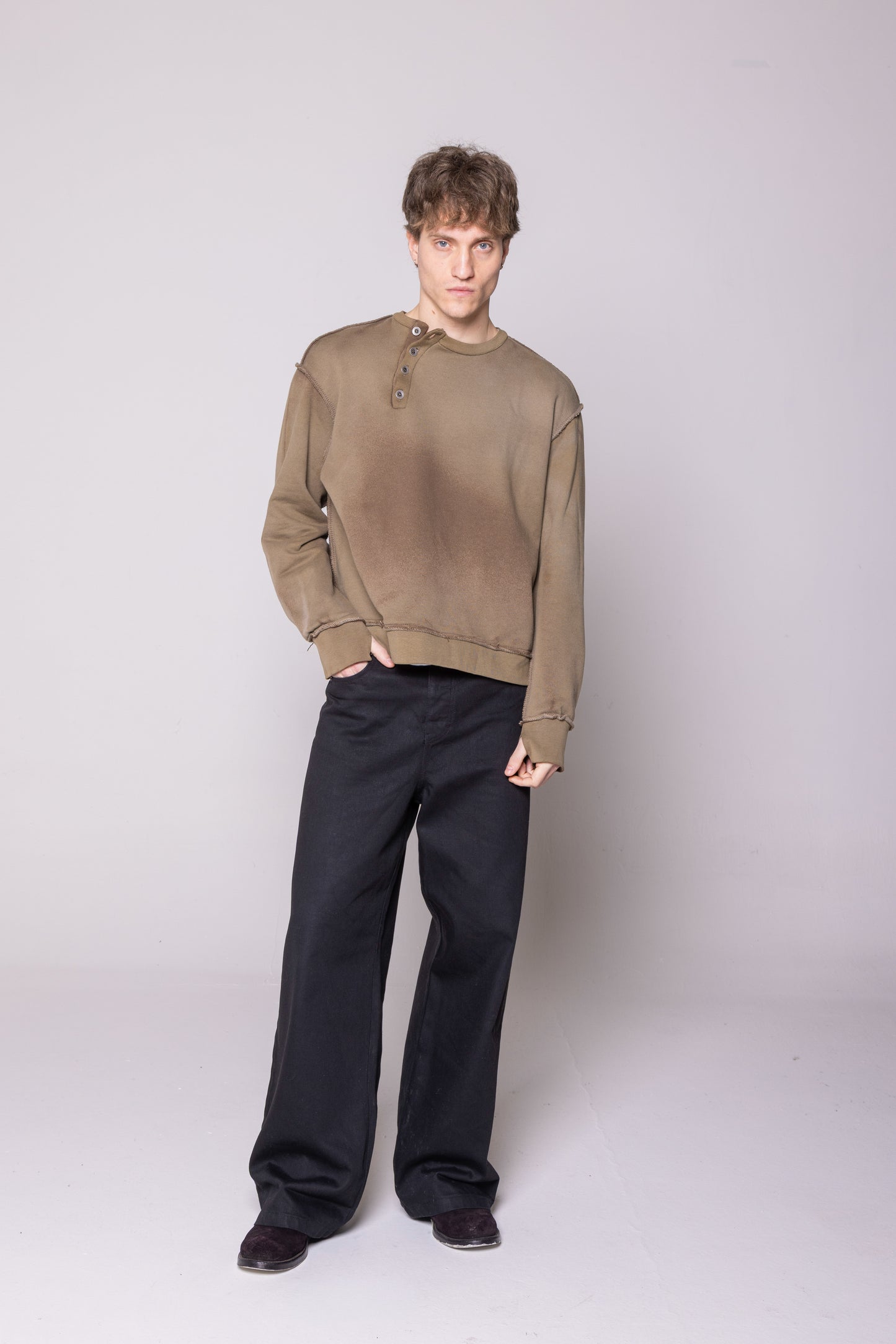 ASYMMETRIC BUTTON CHEST RAW CREWNECK